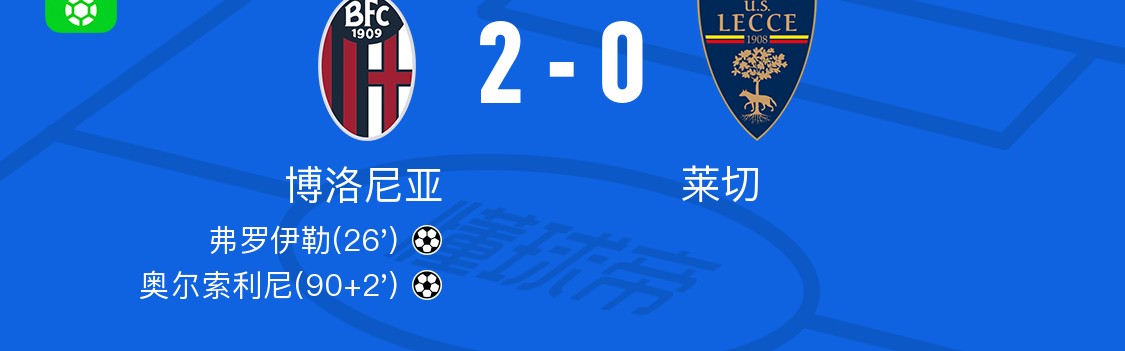 开云下载-博洛尼亚2-0莱切，弗罗伊勒破门，奥尔索利尼锦上添花